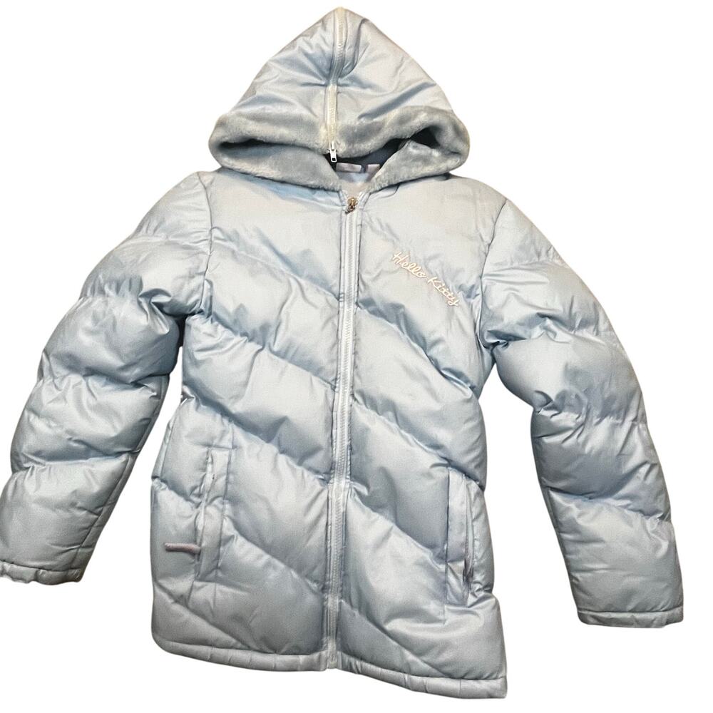 Hello Kitty Blue Puffer Jacket Kids L 10/12 Hooded Cozy Winter Y2K‎ Cute